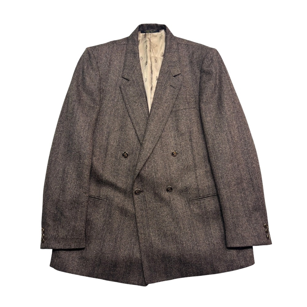 vtg Mancillas 44L Silk Wool Herringbone Tweed Double Breasted Blazer Jacket